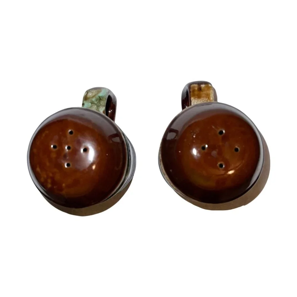 Vintage Stoneware Drip Glaze Salt & Pepper Shakers Set Oversized 5